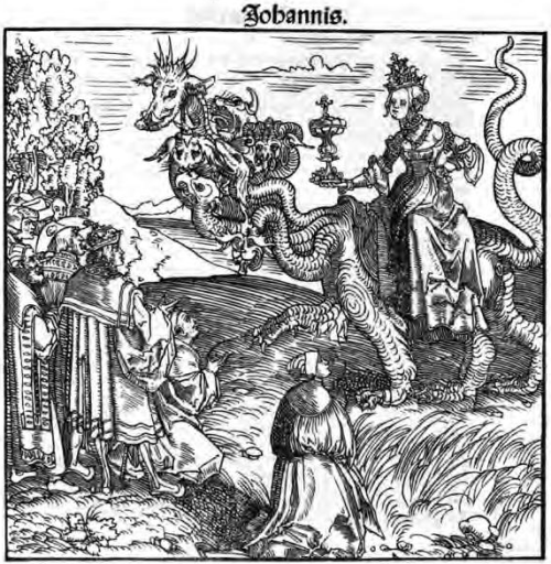 Theosophical Society -  sixteenth-century woodcut portraying the whore of Babylon as the papacy. Note the three-tiered papal tiara on the woman's head.The title above, Johannis, simply means. "of John," indicating that the illustration is based on the book of Revelation.