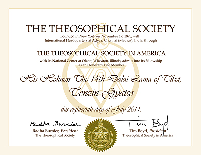 Theosophical Society - Dalai Lama Honorary Certificate
