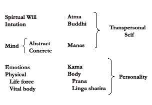 Theosophical Society - Atma Atma can also be thought of as the background on which table 2 is drawn, the consciousness behind each principle. Spiritual will brings into being the transpersonal Self, comprising intuition and the higher mind. From this level emanate the powers of the personality: lower mind, emotions, vital body, and energy. Finally, the physical body becomes solidified within these interpenetrating fields. Rather than reducing inner functions to the physical level as scientific materialism does, Theosophy and esoteric philosophy view the body as the outcome of the higher principles.